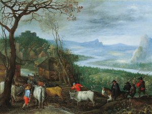 A landscape with herdsmen driving cattle to a village by Jan Brueghel The Elder Oil Painting
