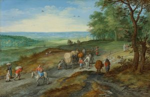 A Panoramic Landscape With A Covered Wagon And Travelers On A Highway by Jan Brueghel The Elder Oil Painting