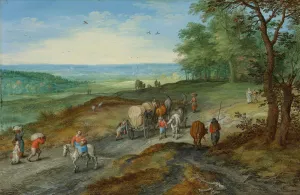 A Panoramic Landscape With A Covered Wagon And Travelers On A Highway by Jan Brueghel The Elder Oil Painting
