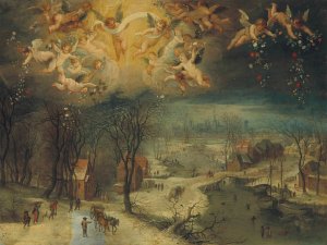 A winter landscape with villagers gathering wood and skaters on a frozen river, putti scattering flowers above by Jan Brueghel The Elder Oil Painting