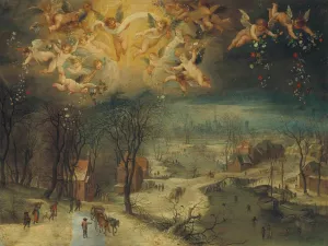 A winter landscape with villagers gathering wood and skaters on a frozen river, putti scattering flowers above by Jan Brueghel The Elder Oil Painting