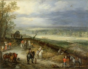 Extensive Landscape With Travellers on a Country Road by Jan Brueghel The Elder Oil Painting