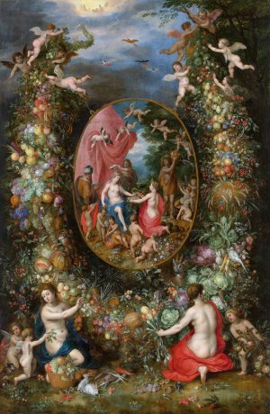 Garland of Fruit Surrounding a Depiction of Cybele Receiving Gifts From Personifications of The Four Seasons by Jan Brueghel The Elder Oil Painting