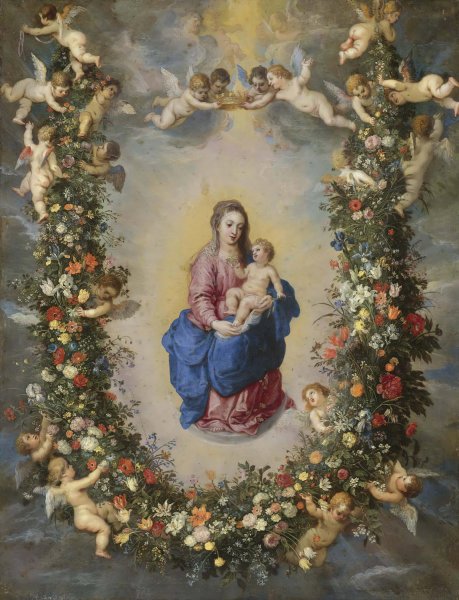 Main Product Photo of The Virgin and Child Encircled by a Garland of Flowers Held Aloft by Cherubs Painting by Jan Brueghel The Elder