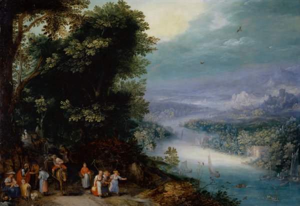 Main Product Photo of Wooded River Valley with Road  Painting by Jan Brueghel The Elder