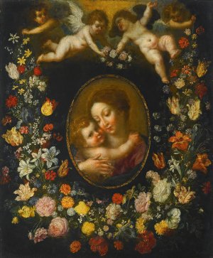 A Garland Of Flowers Encircling An Oval Of The Virgin And Child Born Aloft By Angels by Jan Brueghel The Younger Oil Painting