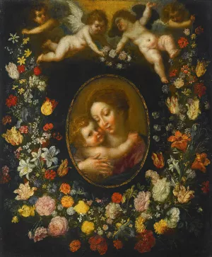 A Garland Of Flowers Encircling An Oval Of The Virgin And Child Born Aloft By Angels by Jan Brueghel The Younger Oil Painting