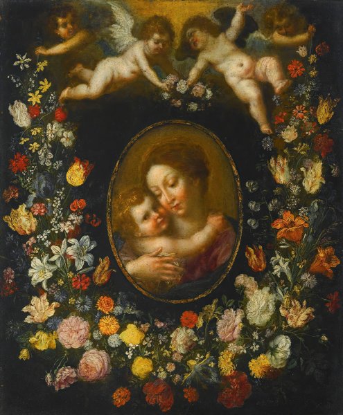 A Garland Of Flowers Encircling An Oval Of The Virgin And Child Born Aloft By Angels by Jan Brueghel The Younger - Hand-Painted Oil Painting Reproduction