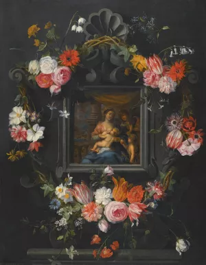 A Garland Of Flowers Surrounding The Virgin And Child by Jan Brueghel The Younger Oil Painting