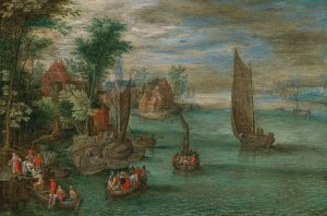A river landscape with ferries and sailing boats by Jan Brueghel The Younger Oil Painting
