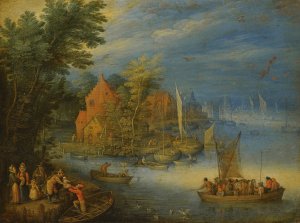 A Town On The Banks Of A Wide River With A Heavily Laden Ferry Approaching The Shore In The Forgeound by Jan Brueghel The Younger Oil Painting
