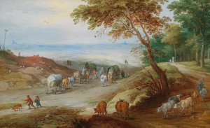An extensive hilly landscape with travellers on a path and cattle in the foreground by Jan Brueghel The Younger Oil Painting