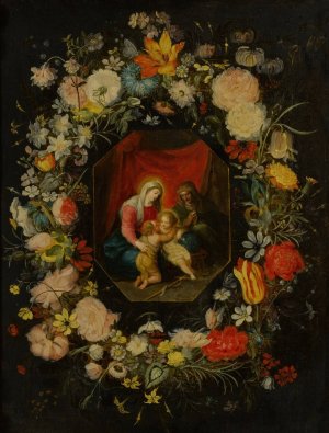 Madonna and Child with St. Anne and St. John the Baptist, surrounded by a flower garland by Jan Brueghel The Younger Oil Painting