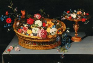 Mixed flowers in a basket with a tazza nearby by Jan Brueghel The Younger Oil Painting