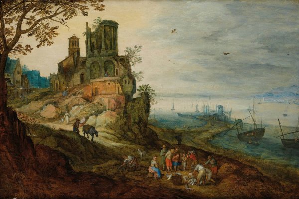 River Landscape With Fisherman  by Jan Brueghel The Younger - Hand-Painted Oil Painting Reproduction