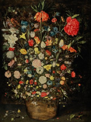 Still life with a large bouquet of flowers in a wooden bucket by Jan Brueghel The Younger Oil Painting
