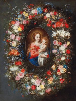 The Madonna and Child surrounded by a floral garland by Jan Brueghel The Younger Oil Painting