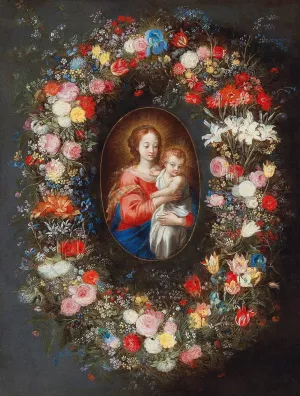 The Madonna and Child surrounded by a floral garland by Jan Brueghel The Younger Oil Painting