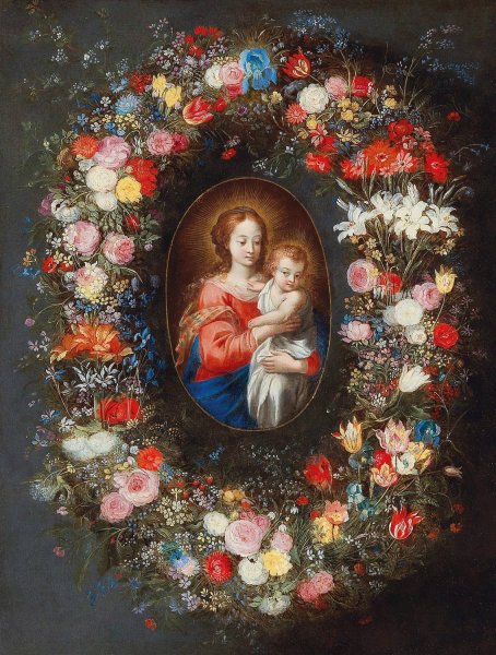 The Madonna and Child surrounded by a floral garland by Jan Brueghel The Younger - Hand-Painted Oil Painting Reproduction