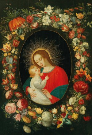 The Virgin and Child in a cartouche surrounded by a garland of flowers by Jan Brueghel The Younger Oil Painting