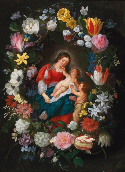 The Virgin and Child with the Infant Saint John the Baptist surrounded by a garland of flowers by Jan Brueghel The Younger - Hand-Painted Oil Painting Reproduction
