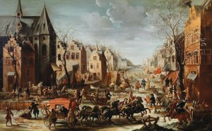 A townscape in winter with carriages by Jan Carel Van Eyck Oil Painting
