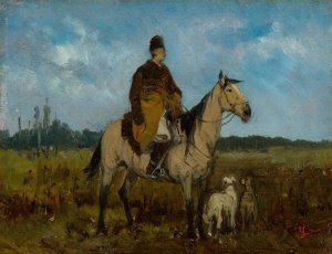 Rider on horseback with greyhounds by Jan Chelminski Oil Painting