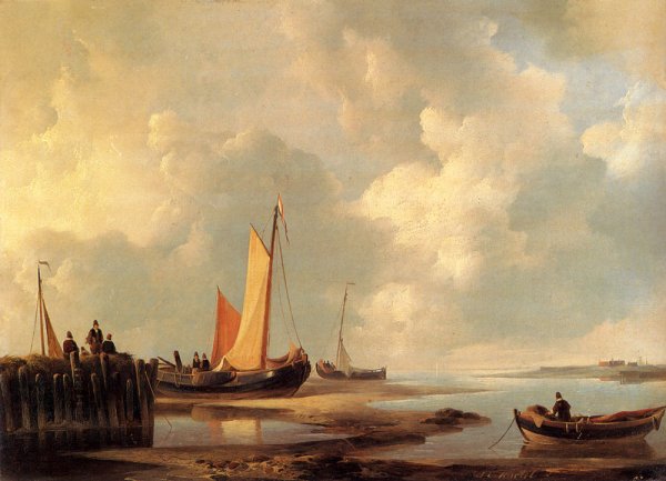 Figures At The Shore by Jan Christianus Schotel - Hand-Painted Oil Painting Reproduction