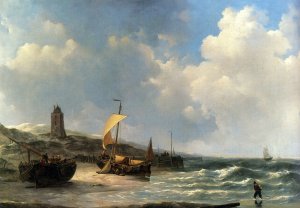 Fishing Boats At Low Tide by Jan Christianus Schotel Oil Painting