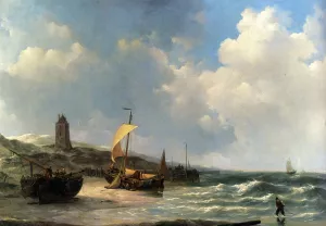 Fishing Boats At Low Tide by Jan Christianus Schotel Oil Painting