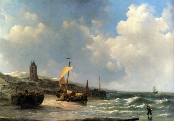 Fishing Boats At Low Tide by Jan Christianus Schotel - Hand-Painted Oil Painting Reproduction