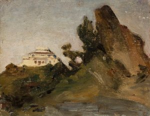 Abu Road, maharajah's house at dusk. From the journey to India by Jan Ciaglinski Oil Painting