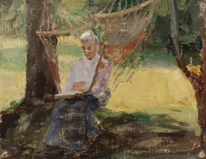 In a hammock - Portrait of Maria Rubtsov in Maryino by Jan Ciaglinski Oil Painting