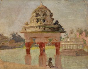 Madras - temple with the holy pond. From the journey to India by Jan Ciaglinski Oil Painting