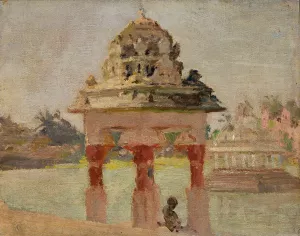 Madras - temple with the holy pond. From the journey to India by Jan Ciaglinski Oil Painting