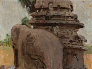 Mahalipur - Pagoda carved in the rock. From the journey to India by Jan Ciaglinski Oil Painting