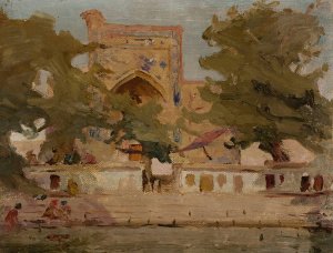 Old Bukhara - mosque on the lake. From the journey to Turkestan by Jan Ciaglinski Oil Painting
