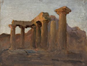 Temple of Apollo in Corinth at sunrise. From the journey to Greece by Jan Ciaglinski Oil Painting