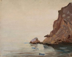 View of the sea and a rock. From the journey to Turkestan by Jan Ciaglinski Oil Painting