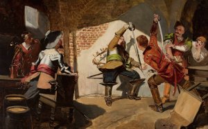Duel in a tavern by Jan Czeslaw Moniuszko Oil Painting