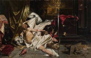 Man fighting with wolves by Jan Czeslaw Moniuszko Oil Painting