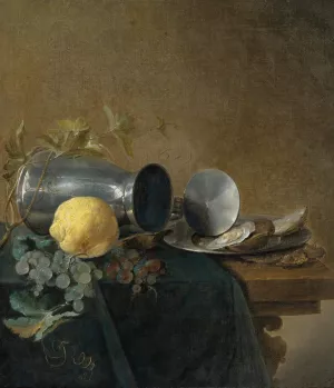 Still Life Of A Pewter Tankard, Lemon, Oysters And Grapes by Jan Davidsz De Heem Oil Painting