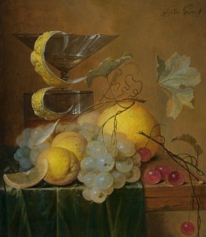 Still Life With A Wine Glass, Lemon Peel, Peaches, Grapes And Cherries On The Corner Of A Partly Draped Wooden Table by Jan Davidsz De Heem Oil Painting