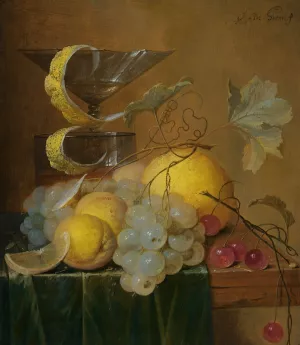 Still Life With A Wine Glass, Lemon Peel, Peaches, Grapes And Cherries On The Corner Of A Partly Draped Wooden Table by Jan Davidsz De Heem Oil Painting