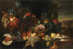 Still Life With Fruit, Oysters And A Parrot by Jan Davidsz De Heem Oil Painting