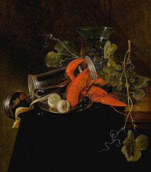 Still life with two lobsters, an overturned tankard, a berkemeier glass, grapes, and a lemon Oil painting by Jan Davidsz De Heem