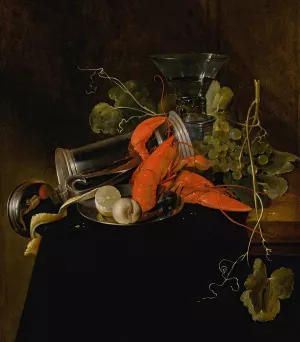 Still life with two lobsters, an overturned tankard, a berkemeier glass, grapes, and a lemon by Jan Davidsz De Heem Oil Painting
