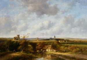 An Extensive Summer Landscape with Peasants by a Farm, a Village in the Distance