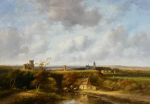 An Extensive Summer Landscape with Peasants by a Farm, a Village in the Distance Oil painting by Jan Evert Morel