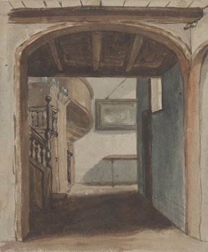 Interieur met doorkijk naar trap by Jan Fabius Czn Oil Painting